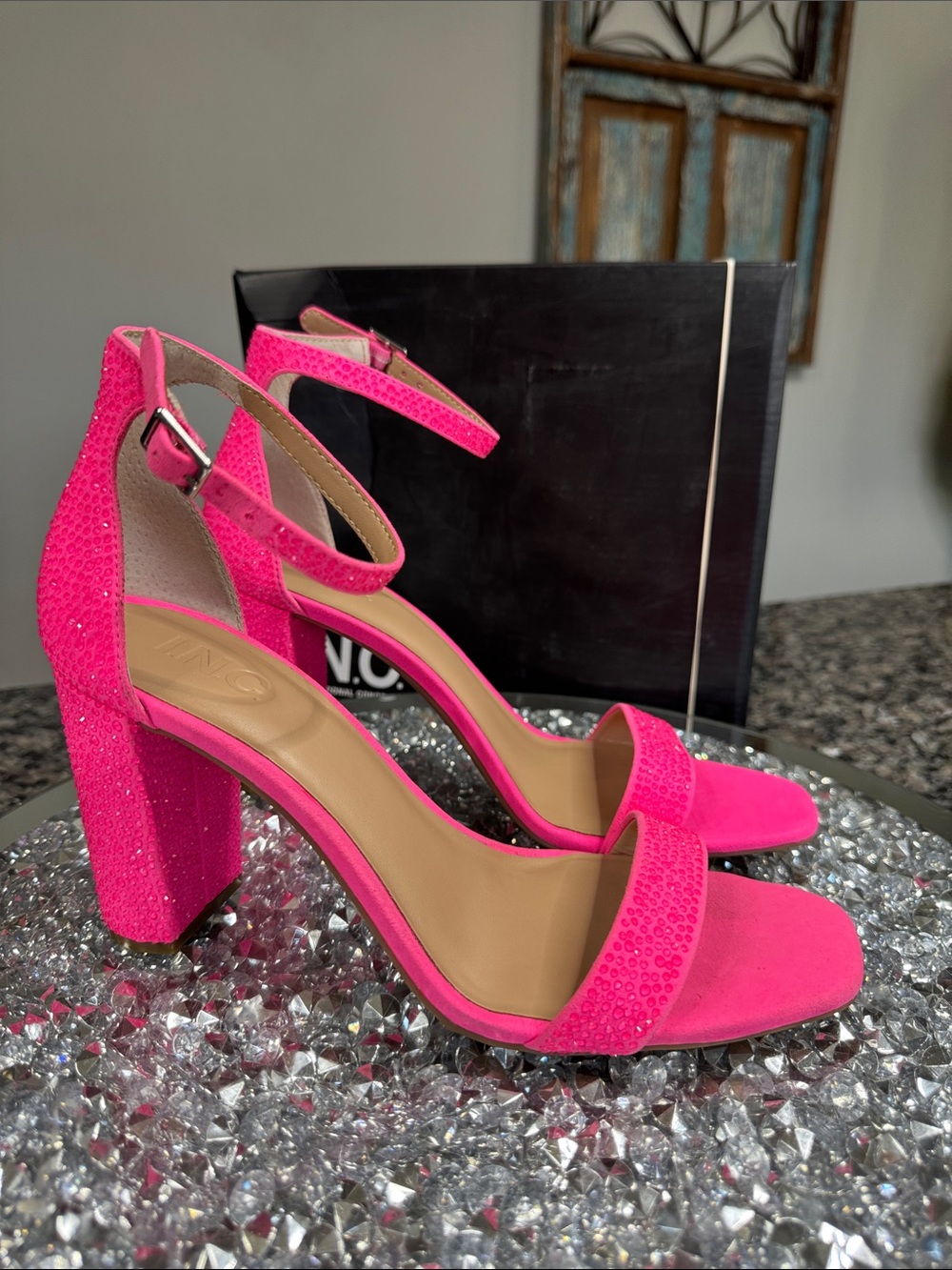 INC International Concepts Neon Pink Block Heel Ankle Strap Sandals - Picture 7 of 14